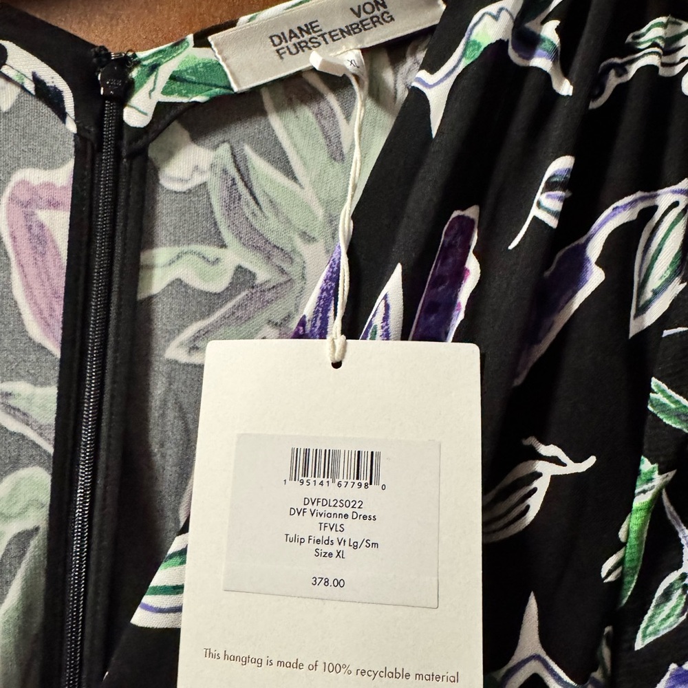 Diane Von Furstenberg Vivienne Black and Purple Floral Midi Dress, Size XL, NWT - Picture 6 of 11